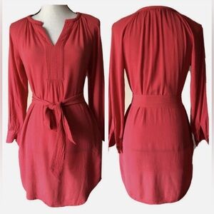 Banana Republic Coral Red Belted Long Sleeve Side Pockets Shift Dress Size 8